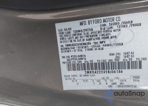 2005 Mercury Monterey Luxury z USA, uszkodzony, nr VIN 2MRDA22245BJ06186